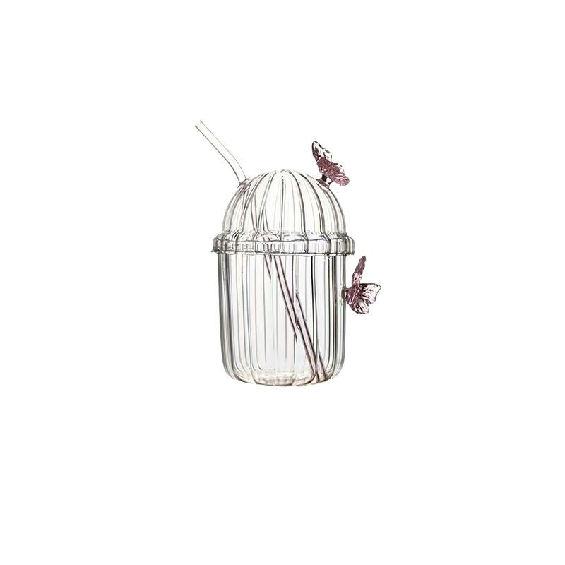 High appearance level butterfly bobo cup, straw cup with lid, milk coffee cup, drinking cup, high borosilicate glass cup Item Picture