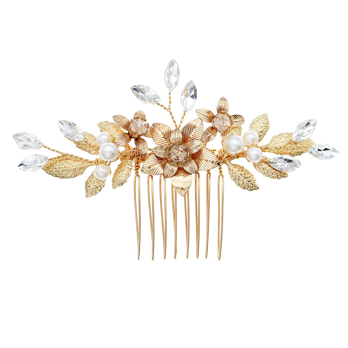 The new cross-border metal flower hair comb exudes a high-end and luxurious wedding dress style. It is a handcrafted water diamond and pearl bridal comb Item Picture