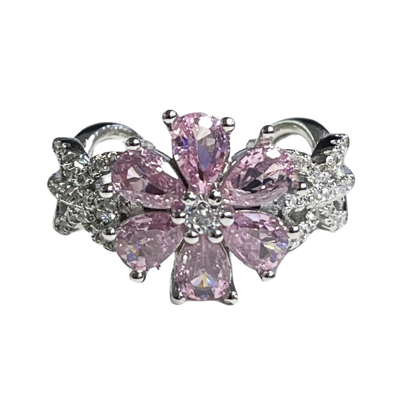 New light luxury pink diamond sweet and cool flower full diamond open ring for women's cross-border high-end, niche design and fashionable ring Item Picture