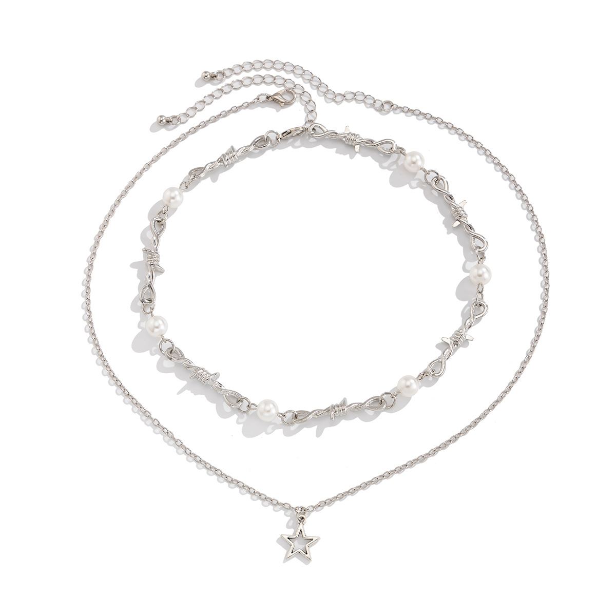 New style of cross-border European and American jewelry, InS-style five-pointed star alloy pendant collarbone chain, fashionable pearl multi-layer necklace Item Picture