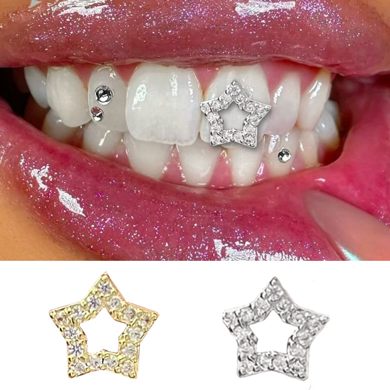 Jinwu Hollowed-out five-pointed star zircon braces, a cool and shiny gold tooth hip-hop accessory wholesale for daily outings full figure