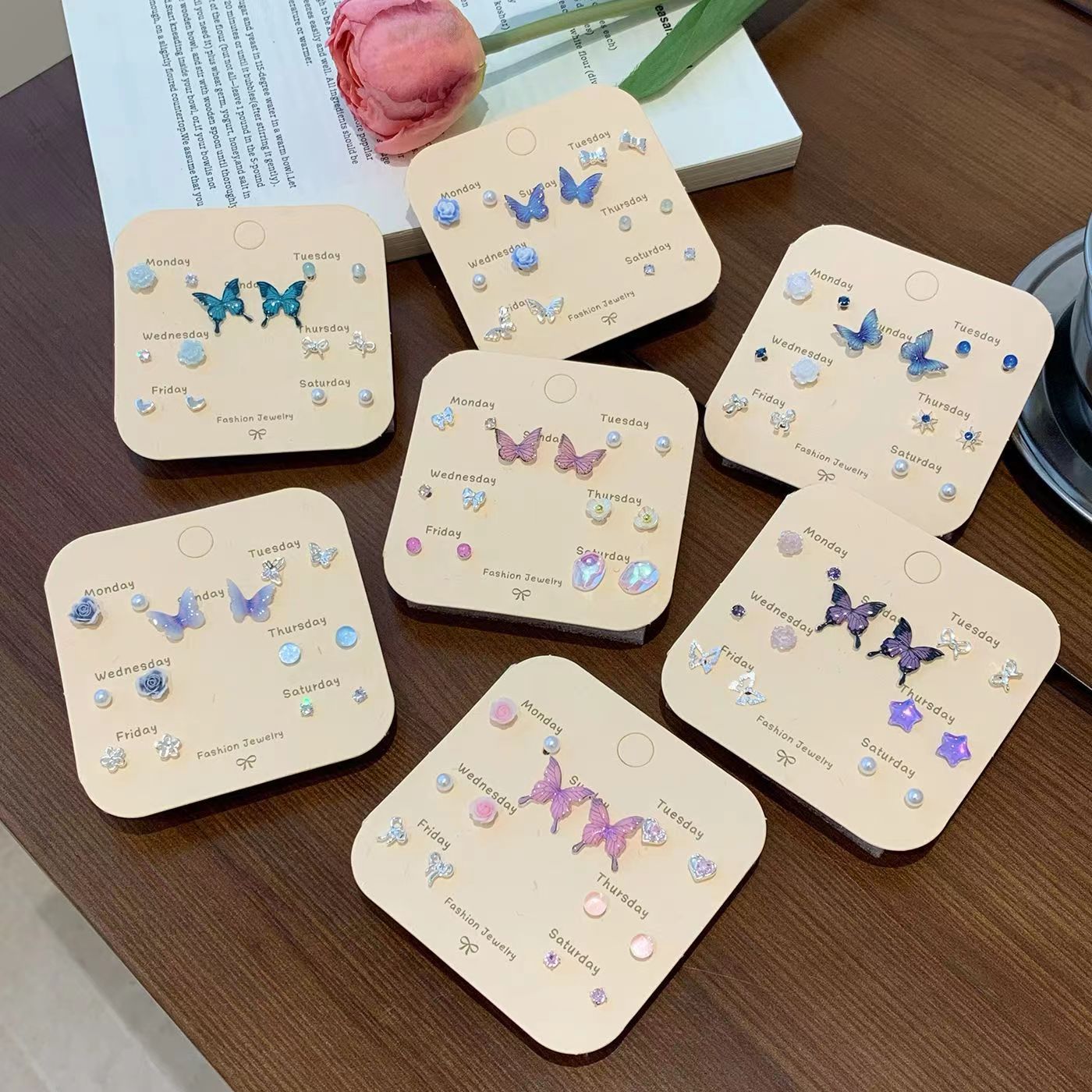 Summer Colorful butterfly flower Pearl one-week stud earrings set, small, exquisite, sweet and high-end women's silver needle earrings full figure