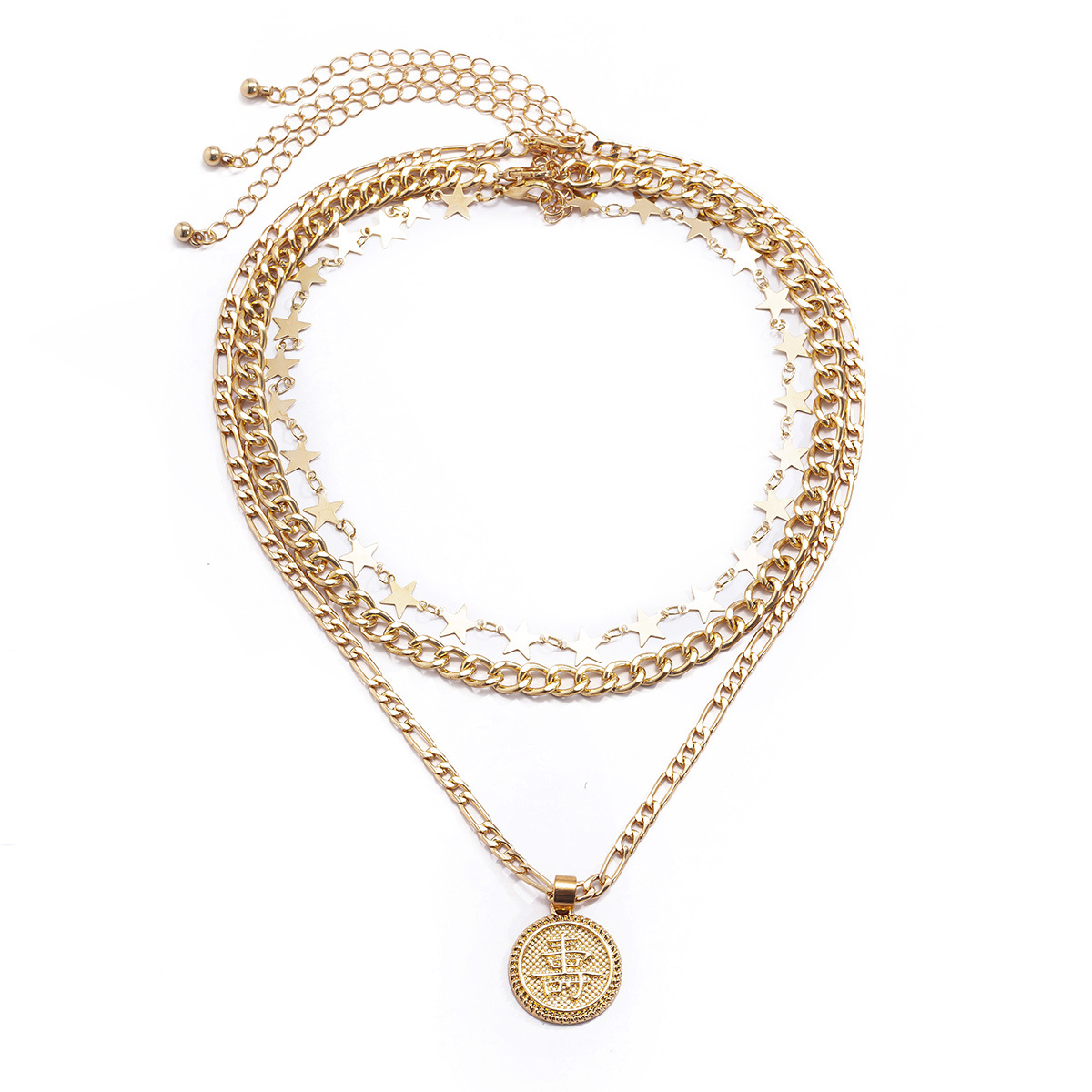 European and American cross-border jewelry, exaggerated five-pointed star chain necklace, versatile for women's charm, round Chinese character pendant necklace set Application Scenario