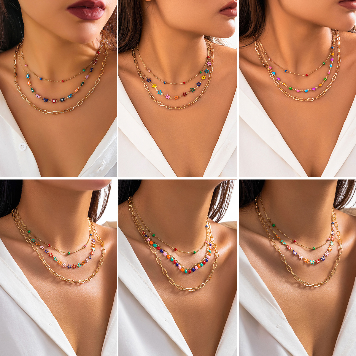 A cross-border colorful dopamine necklace for women from Europe and America, with a unique design of layered oil drops and butterfly-eye collarbone chain full figure