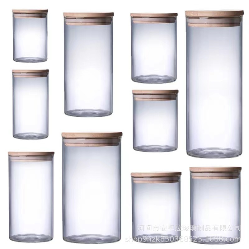 Round bamboo and wood lid high borosilicate glass sealed jar, straight cylinder tea jar, dry fruit, snack and grain storage jar Item Picture