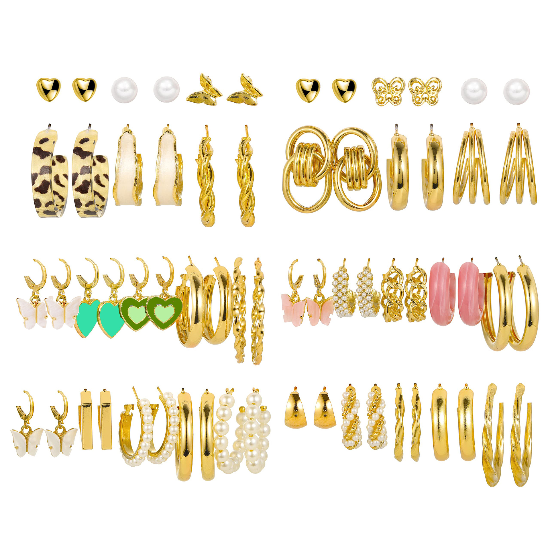 Amazon 32-pair vintage alloy butterfly pearl stud creative and simple acrylic card stud earring set full figure