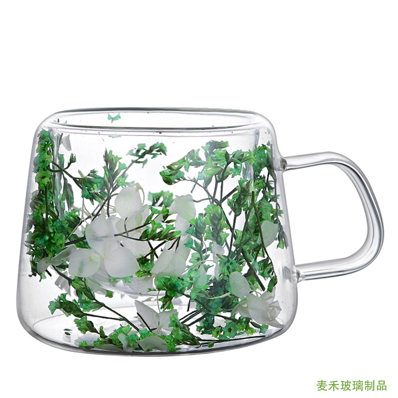 Double-layer glass cups, high appearance level, home coffee cups, high borosilicate glass cups, internet-famous double-layer real flower cups with handles are available Item Picture