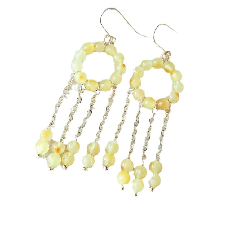 New Chinese-style ancient-style long beaded tassel stud earrings, versatile and feminine whitening earrings, vacation-style earrings Item Picture