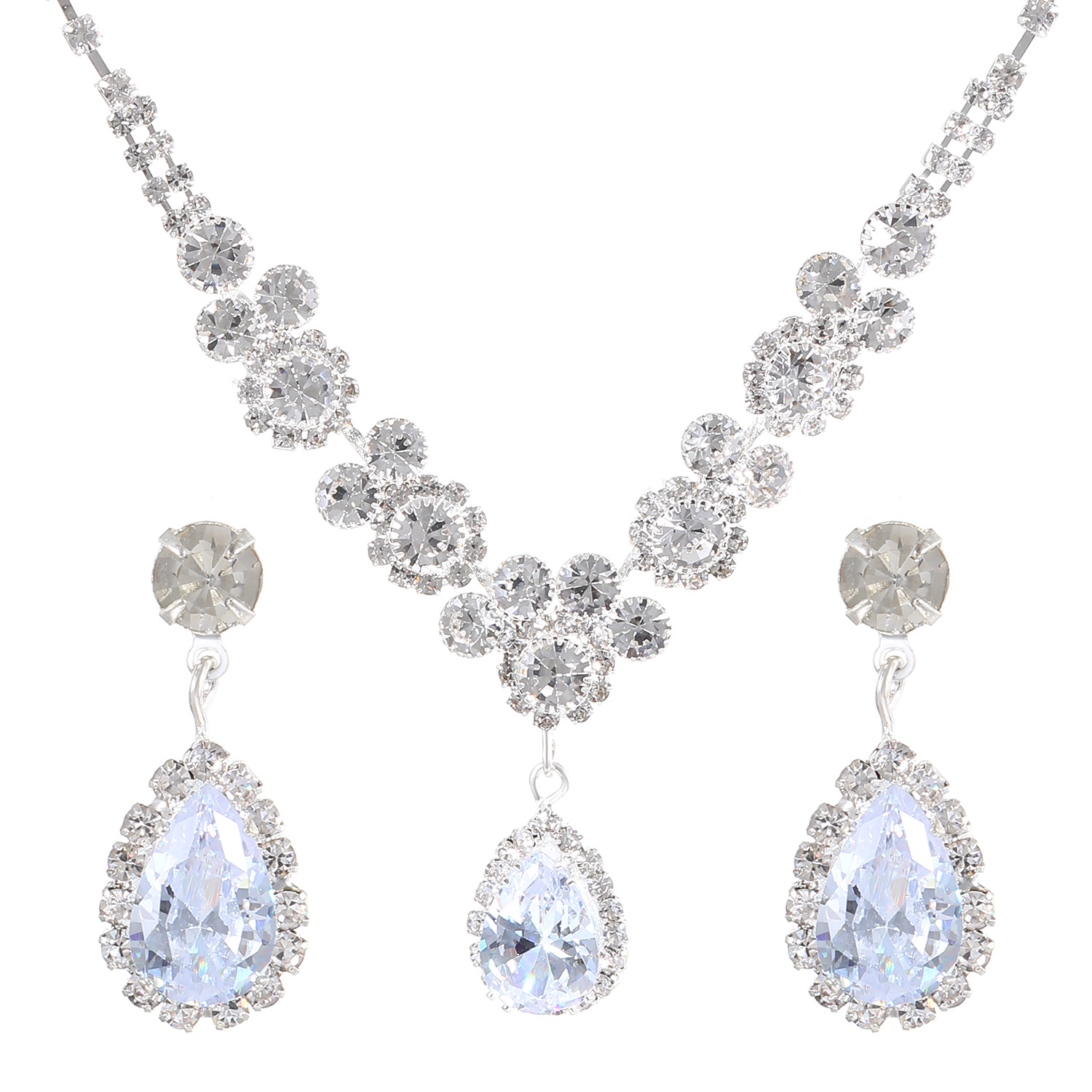 European and American fashion full-diamond jewelry set, luxurious teardrop necklace, stud earrings, earrings, bridal wedding, party and dinner accessories Item Picture