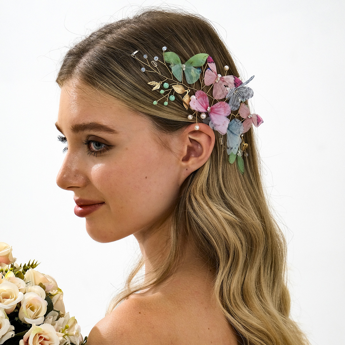 Vacation-style colorful mesh butterfly hair band, forest-themed fairy pearl crystal bead hair clip, fresh and sweet photo hair accessory full figure