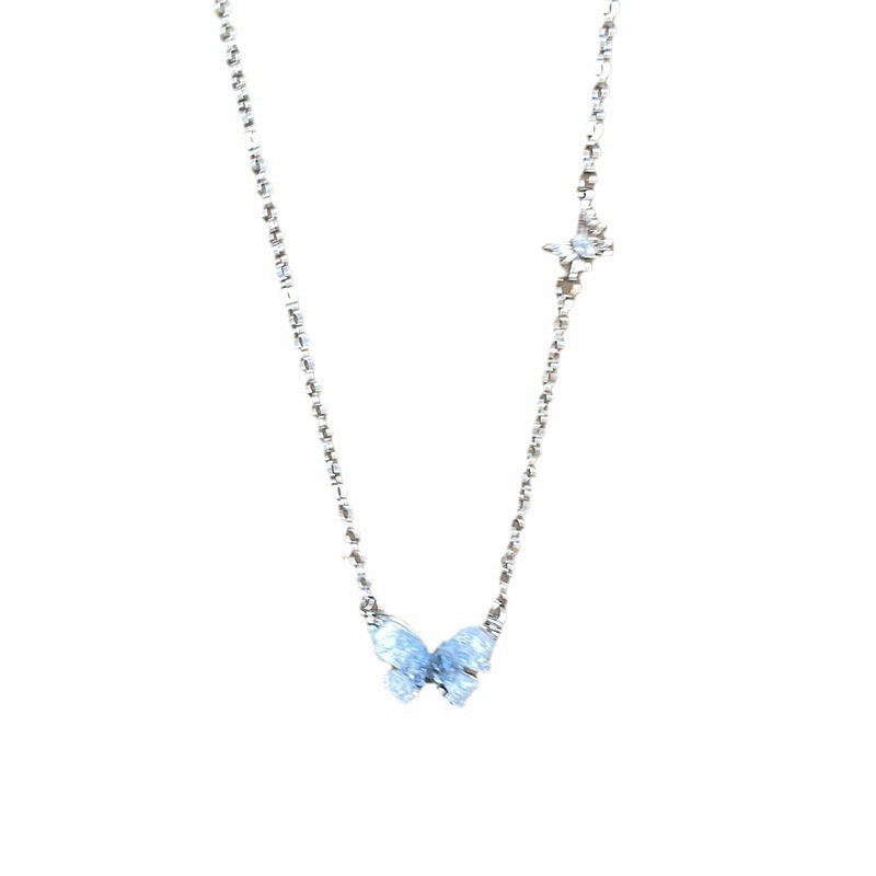 Blue crystal butterfly double-layer pearl necklace for women, with a cool and high-end feel, layered collarbone chain, light luxury and niche necklace Item Picture