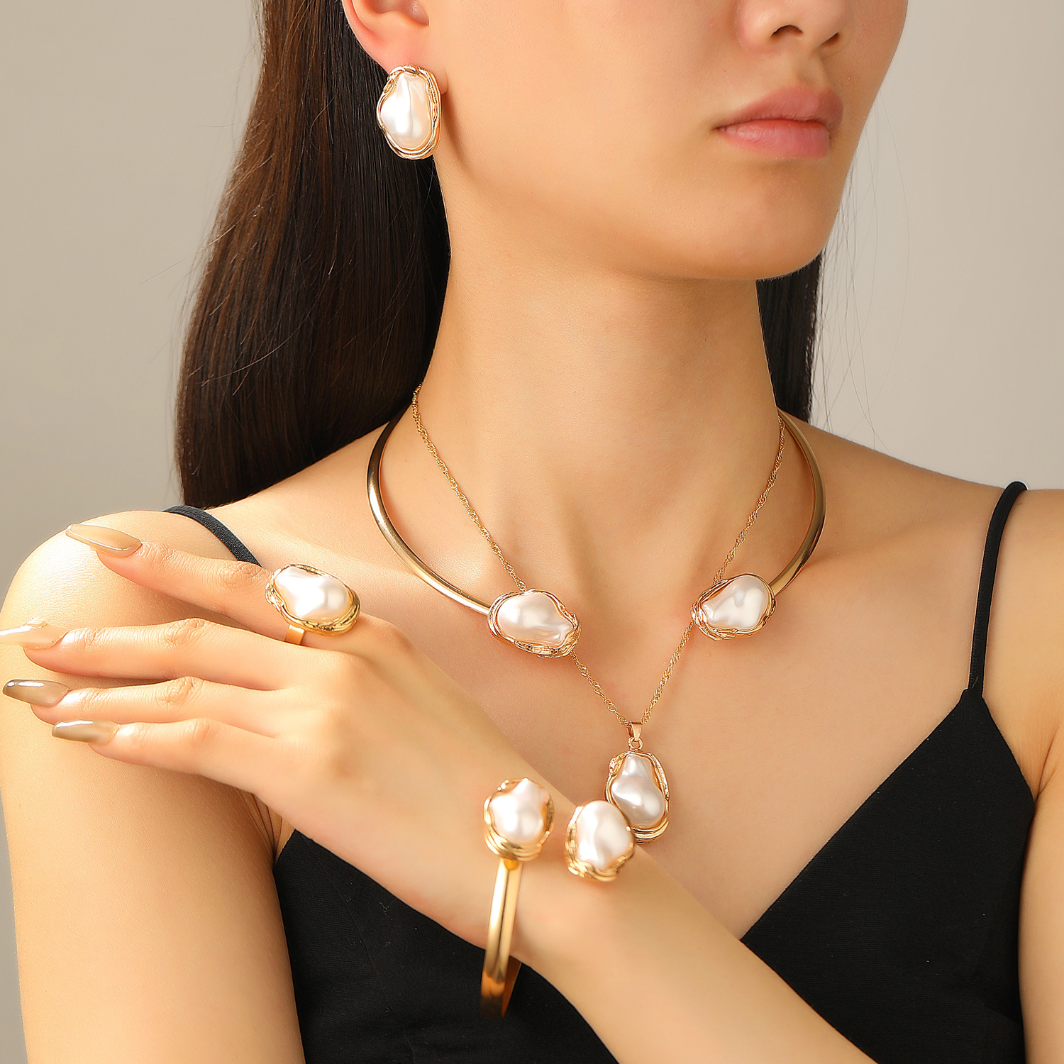 European and American cross-border Baroque irregular-shaped pearl set jewelry, women's high-end necklace, stud earrings, ring, bracelet and collar details Picture