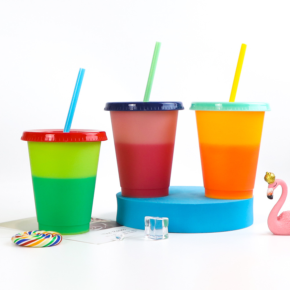 Factory direct supply 16oz single-layer plastic color-changing cup fruit tea cold drink, temperature-sensitive color-changing straw cup in stock Specification drawing