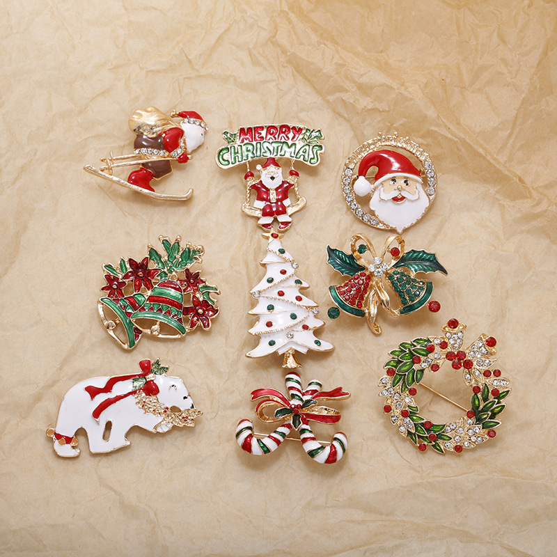 Cute Christmas brooches, bells, snowmen, wreaths, gloves, Santa Claus pins and badges from Japanese and Korean cartoons details Picture