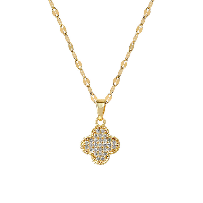 【 Titanium Steel 】 Full-diamond double-sided four-leaf flower micro-inlaid diamond necklace, a delicate female style Instagram influencer collarbone chain accessory Item Picture
