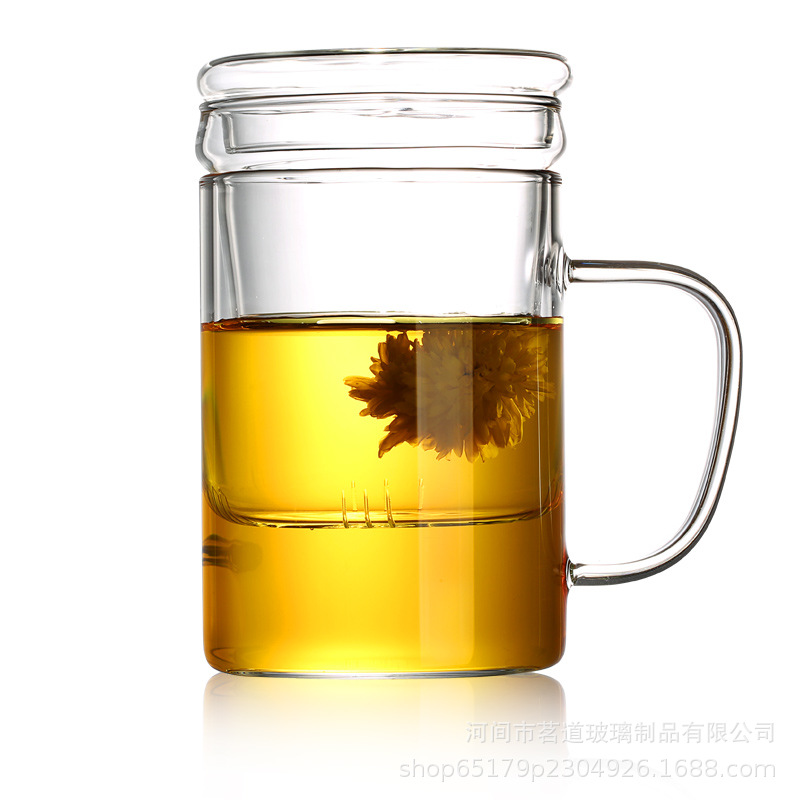Customized high borosilicate transparent glass water cup, tea cup with lid and handle, office coffee cup with lid, simple tea brewing cup Item Picture