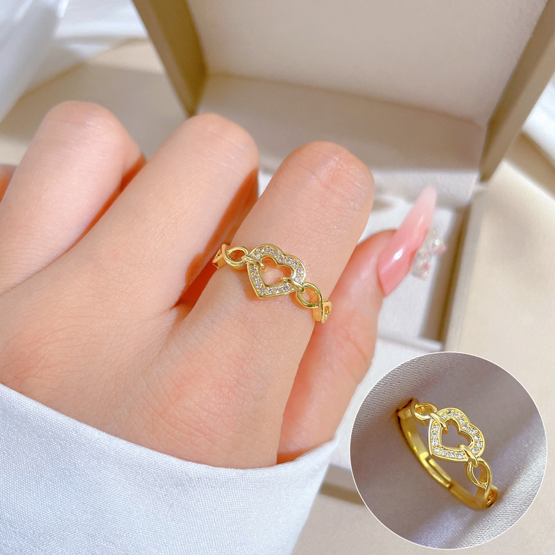 【 Real Gold 】 Chain heart full diamond ring with adjustable opening, simple Japanese-style bracelet, couple rings full figure