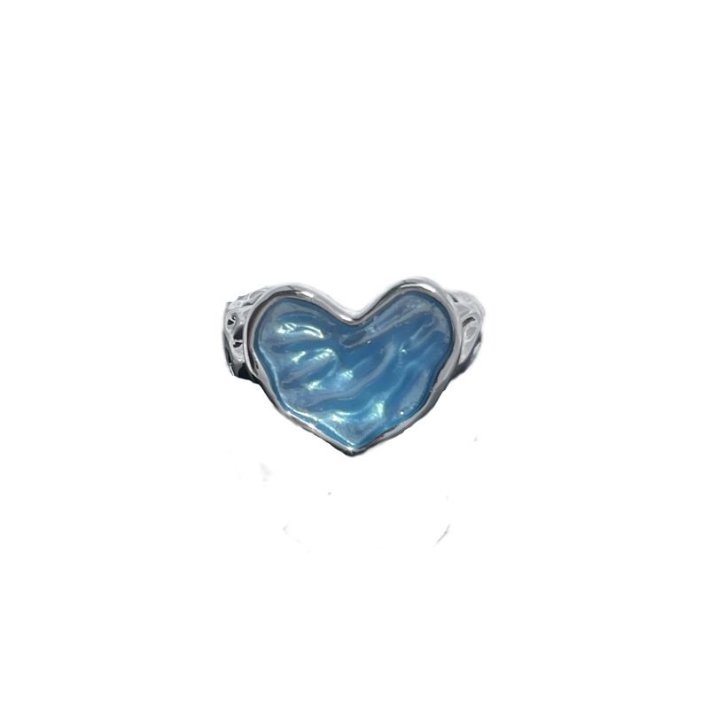 Simple enamel drop glaze texture blue heart-shaped ring, sweet and cool style by actress Mang, fashionable and niche design, versatile ring Item Picture