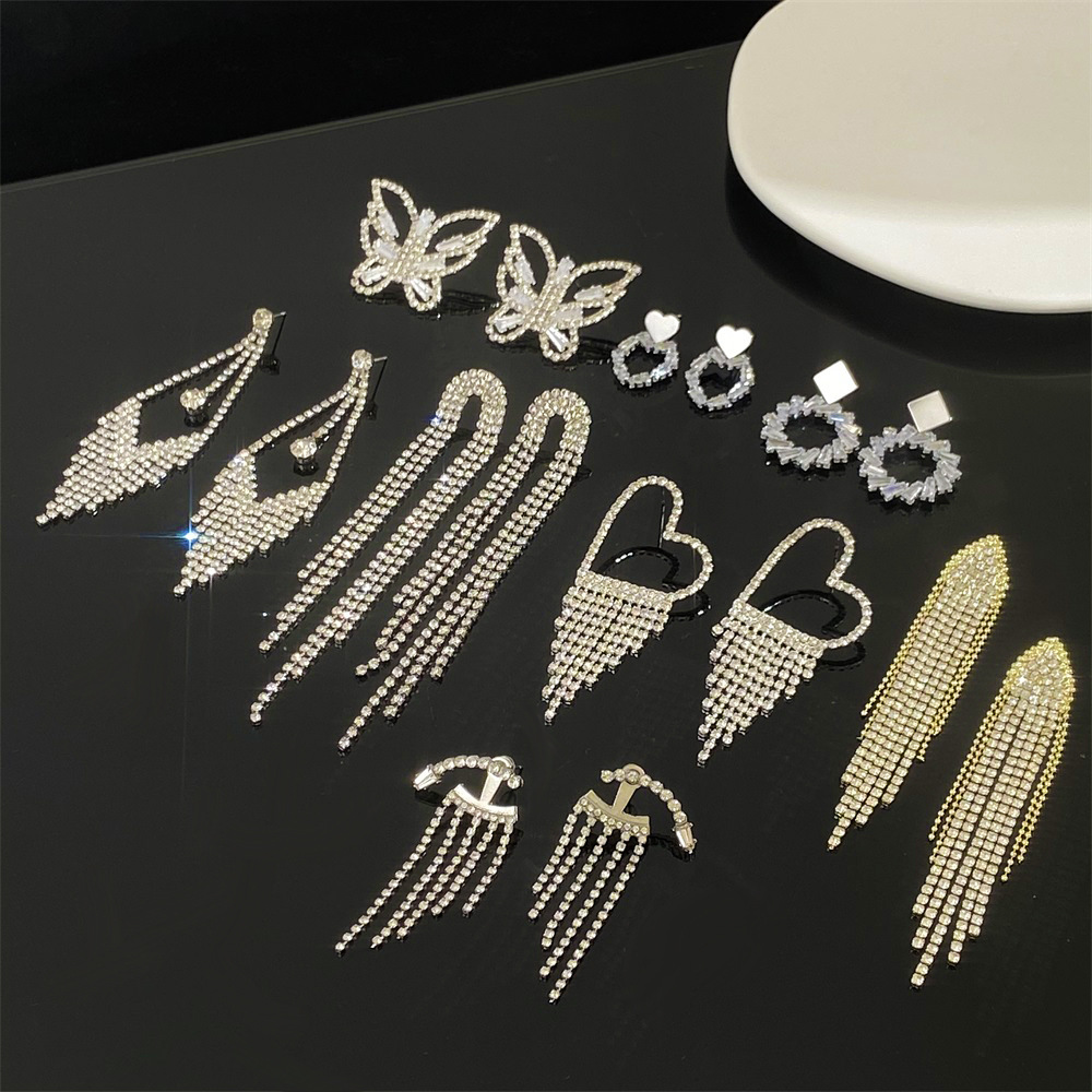 New cross-border long diamond-encrusted tassel earrings for women, super exaggerated full-diamond butterfly-shaped heart-shaped stud earrings, super dazzling European and American earrings details Picture
