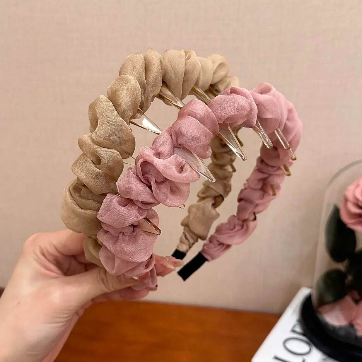 Pleated organza voluminous hairband 2025, new anti-slip lace facial cleansing headband with teeth, anti-slip pressure hairpin and hair accessory Specification drawing