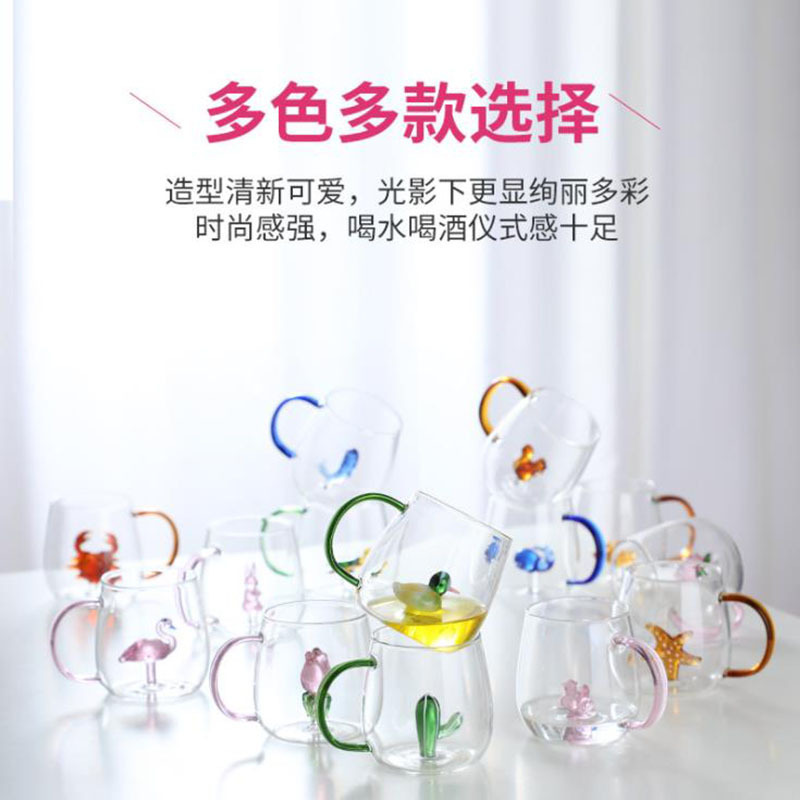 A cute three-dimensional water cup with a handle, a single-layer high borosilicate transparent glass cup, a household milk and juice glass cup details Picture