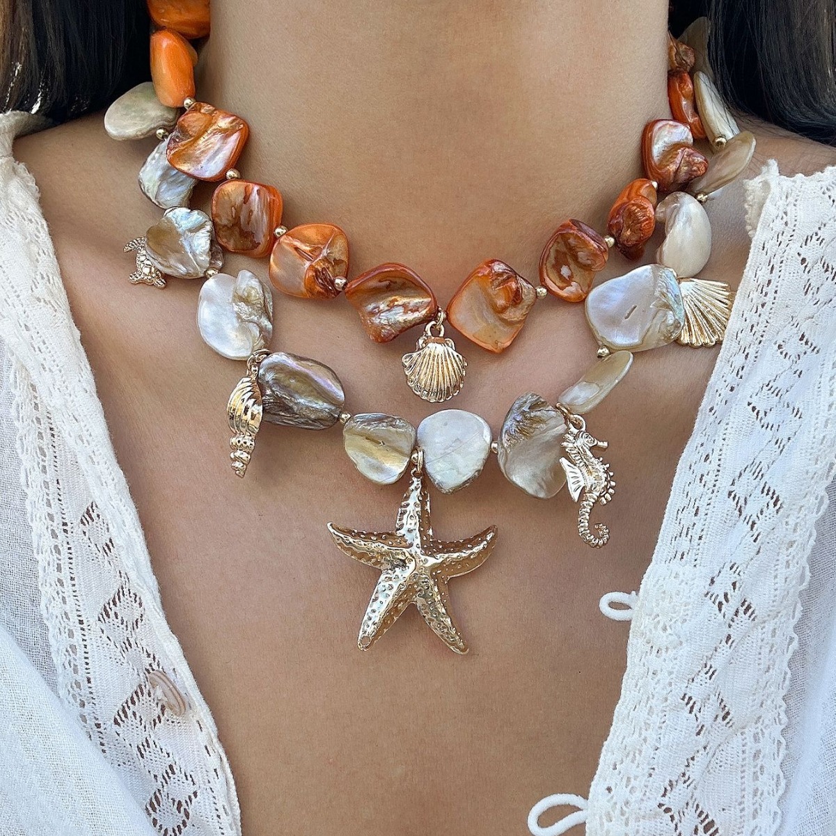 European and American cross-border jewelry, beach vacation, shell collarbone chain, ocean style, starfish, versatile set necklace details Picture