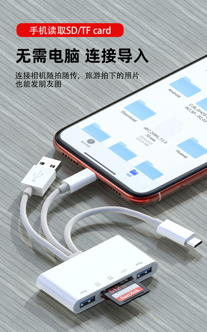 The new product is compatible with an Apple Type-cUSB three-in-one head adapter for SD/TF cards and a dual USB charging five-in-one card reader Specification drawing