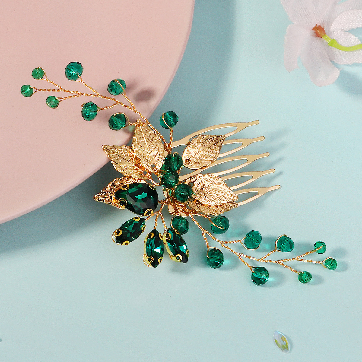 Cross-border new bride's hair comb, party performance, children's updo headwear, women's handcrafted green water diamond five-toothed small insert comb Specification drawing