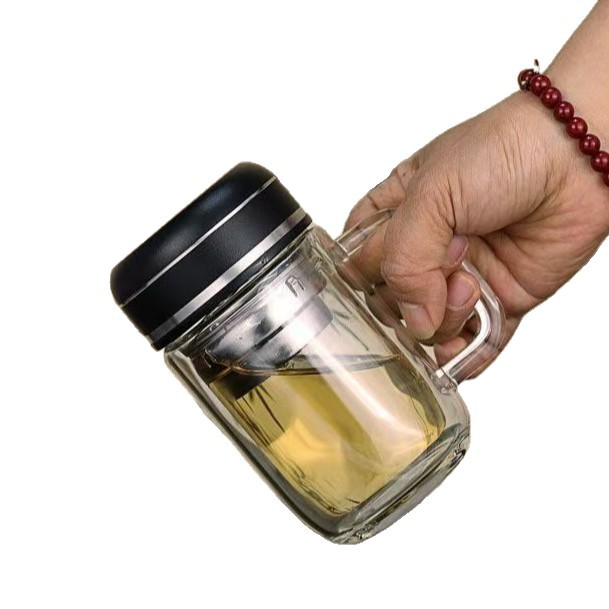 Double-layer heat-resistant, cute and chubby cup with handle, glass cup with tea strainer, high borosilicate business water cup, gift drinking cup Item Picture