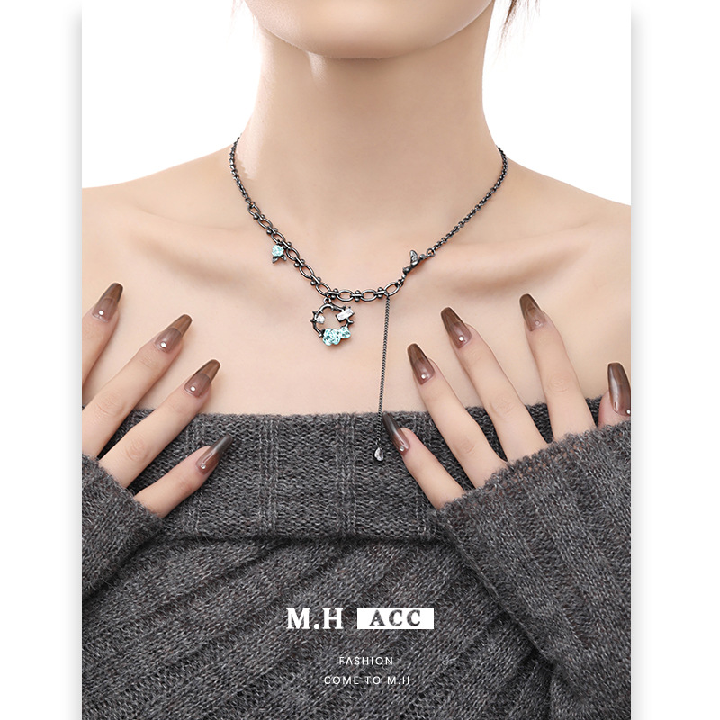 Cold blue flower necklace, fresh bird light luxury ins collarbone chain, women's 2024 autumn/winter fashion style pendant details Picture