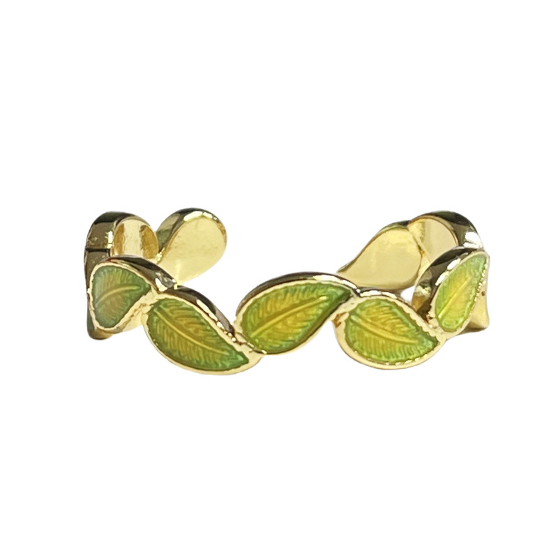 New enamel drop glaze irregular leaf ring, a new Chinese cold style, high-end and fashionable open ring Item Picture