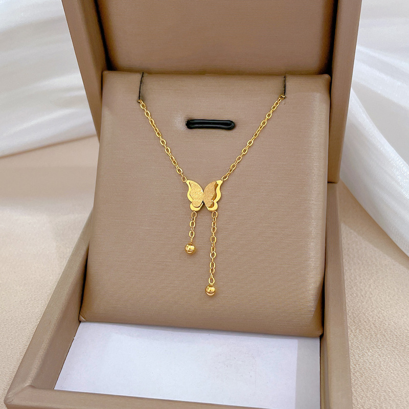 【 All-titanium Steel 】 Butterfly tassel minimalist style furnace, real gold necklace, female Instagram influencer collarbone chain accessory Specification drawing