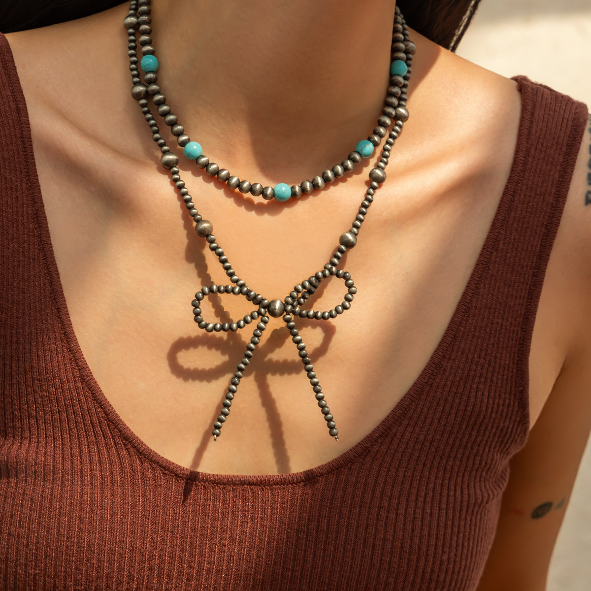 European and American cross-border accessories, Bohemian bow beaded necklace, turquoise Western cowboy collarbone chain set Specification drawing