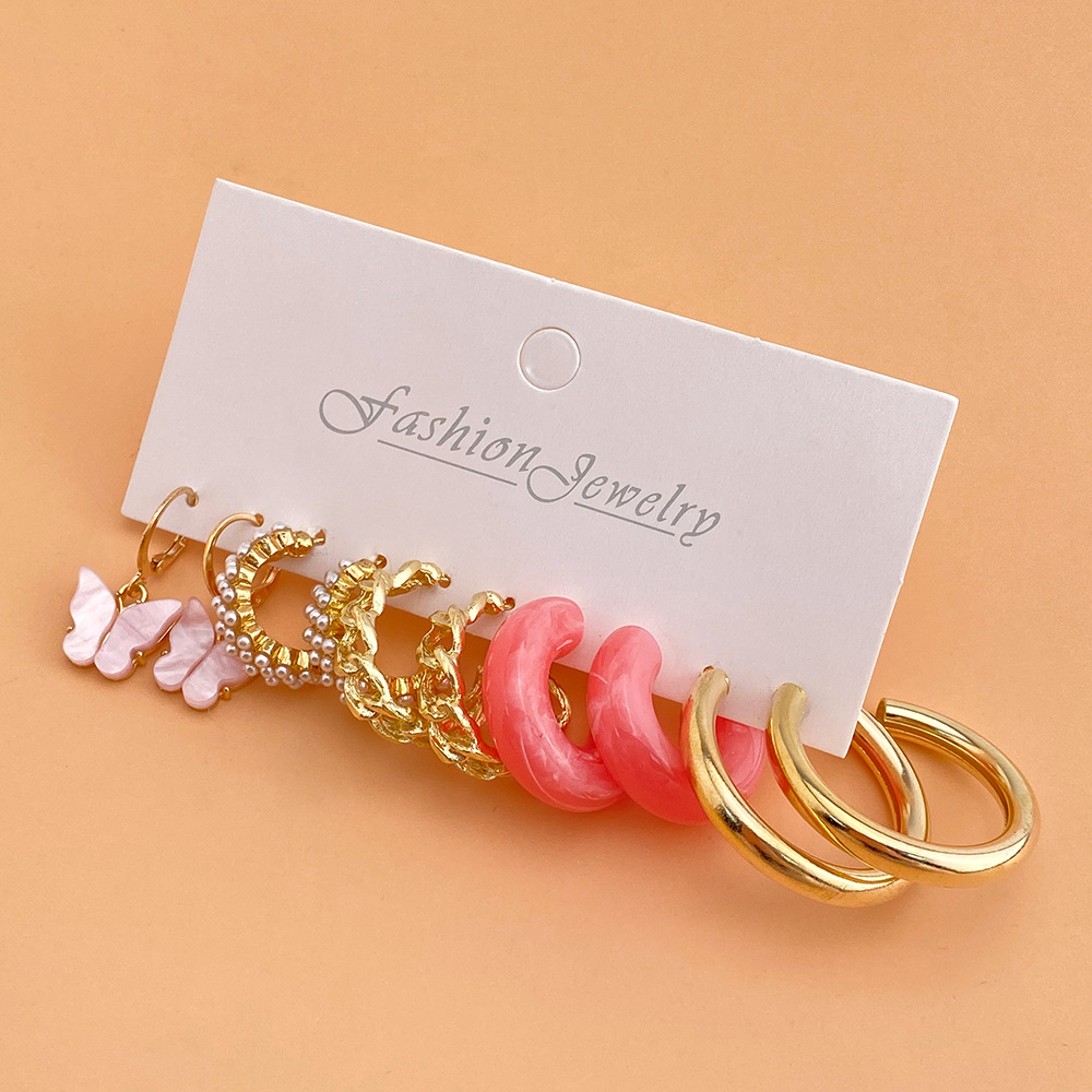 A new cross-border pearl butterfly earrings set of 5 pairs, featuring creative and simple pink acrylic C-shaped chain earrings details Picture