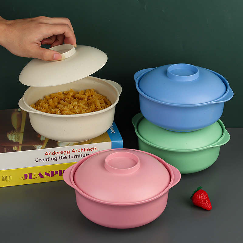 Amazon wheat bowl, clay pot bowl, 20cm round bowl, plastic bowl, household double-ear bowl with lid, student dormitory instant noodle bowl Specification drawing