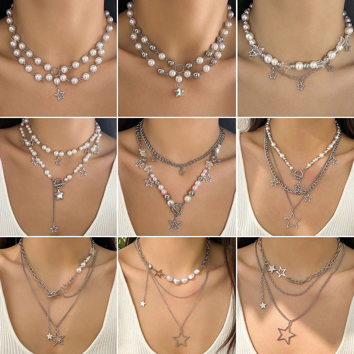European and American cross-border jewelry cold style hollowed-out five-pointed star-shaped pendant three-layer layered necklace necklace full figure