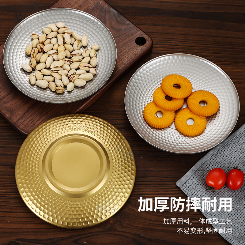 Retro stainless steel Japanese-style round plate creative fruit dessert tray Outdoor camping 304 diamond pattern hammer pattern plate full figure