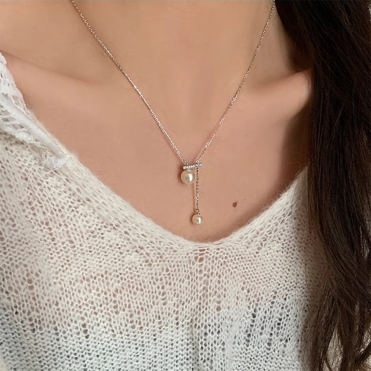 Light luxury zircon pearl balance beam pull-out necklace for women, a unique, fashionable and simple style, versatile collarbone chain Specification drawing