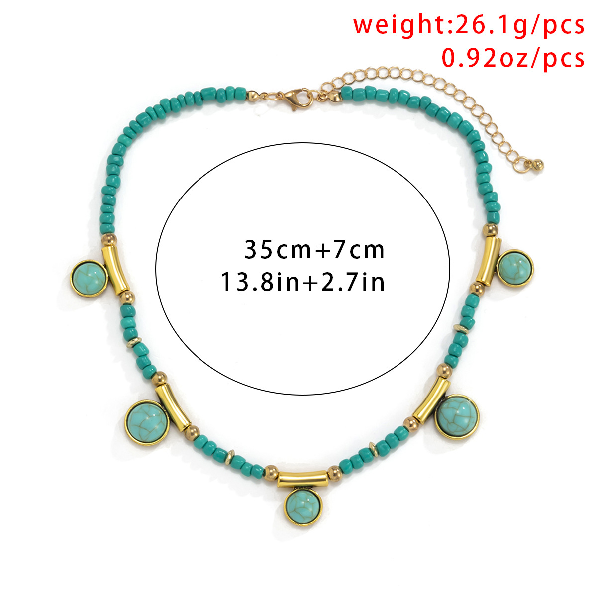 European and American cross-border jewelry, retro patchwork turquoise geometric tassel hanging ball necklace, pastoral mixed and matched round bead chain necklace Application Scenario
