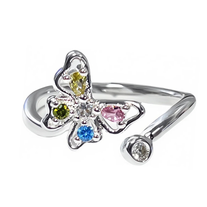 Sweet love, silver texture open ring, French exquisite, super fairy-like colorful diamond irregular butterfly index finger ring, trendy Item Picture