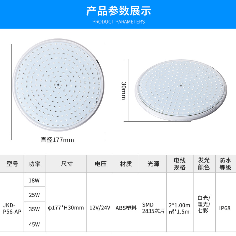 Resin-filled full potting PAR56 swimming pool lighting fixtures, IP68 underwater replacement light source, seven-color lights Specification drawing