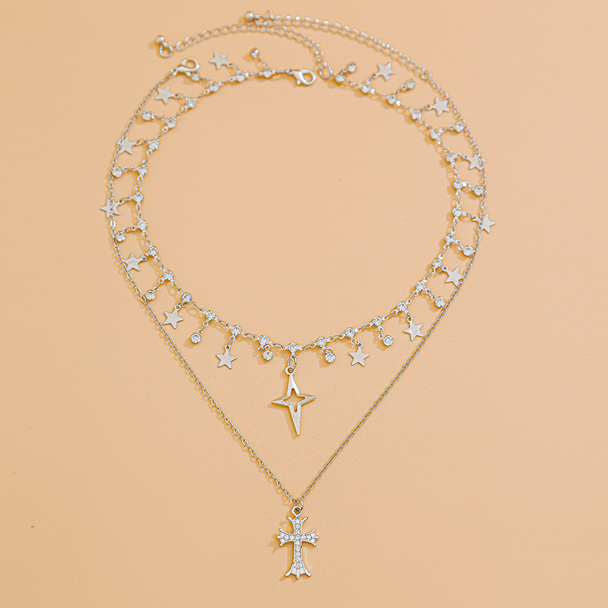 European and American cross-border jewelry punk style cross diamond pendant necklace, personalized multi-layer alloy collarbone chain for women Application Scenario