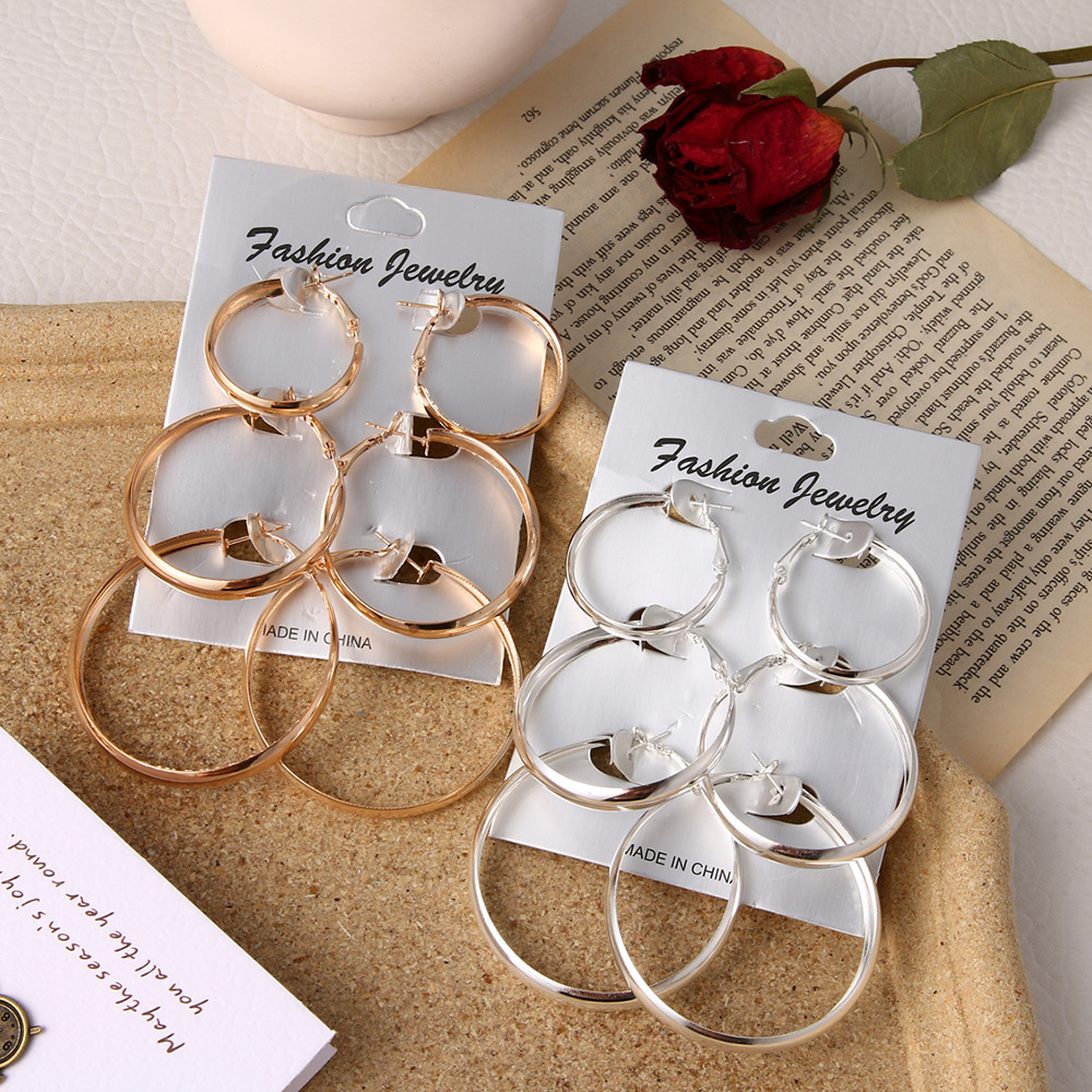 Korean jewelry world cross-border earrings from Europe and America, punk exaggerated personality, smooth circle 3-pair earring set full figure