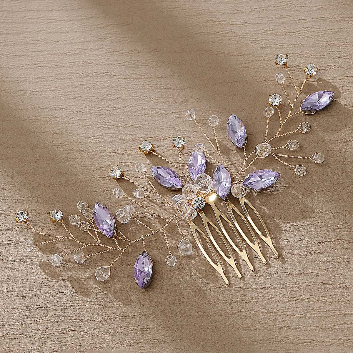 New Chinese-style Xiuhe clothing and hair accessories, retro handcrafted crystal five-toothed comb, children's performance bun, purple water diamond comb Specification drawing