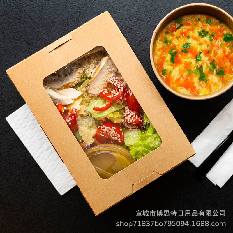Disposable kraft paper single window for sale, packed transparent box sushi salad, open window kraft paper lunch box factory direct sales details Picture