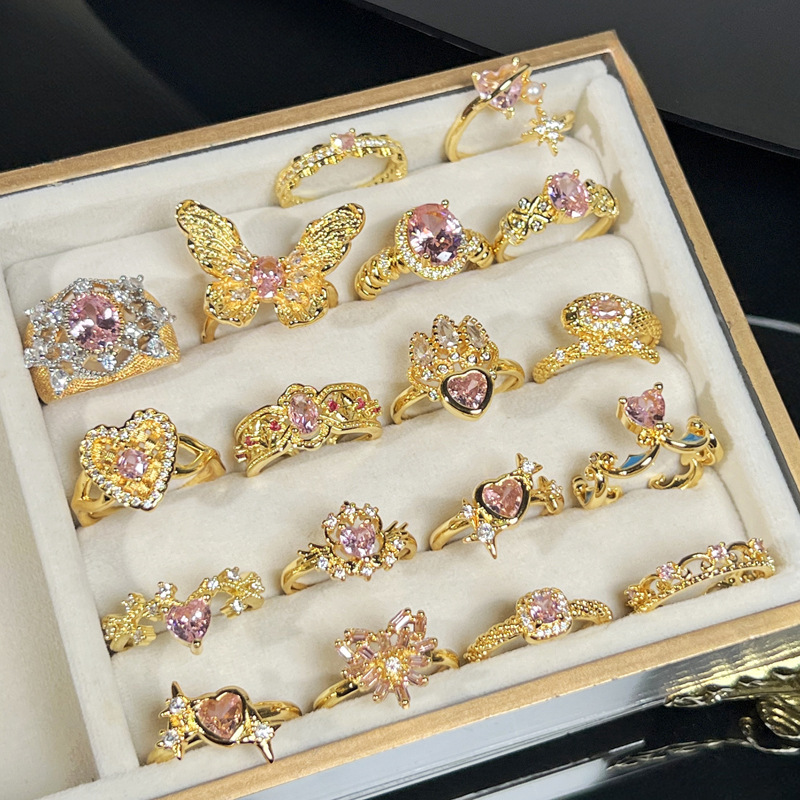 Sweet pink diamond crown butterfly exquisite and fashionable open ring for women, simple and versatile, unique and niche design sense ring full figure
