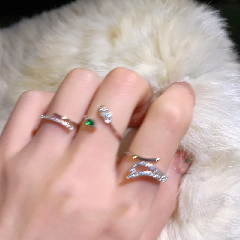 Simple and individual micro-inlaid zircon open ring, elegant and refined in a cold female style, high-end index finger ring with adjustable band details Picture