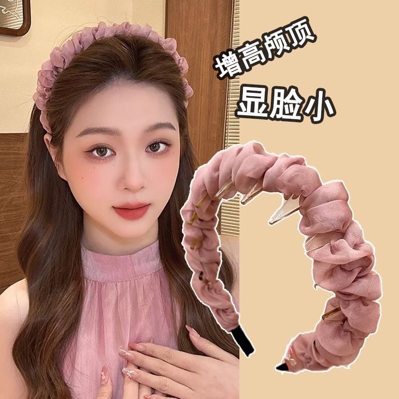 Pleated organza voluminous hairband 2025, new anti-slip lace facial cleansing headband with teeth, anti-slip pressure hairpin and hair accessory details Picture