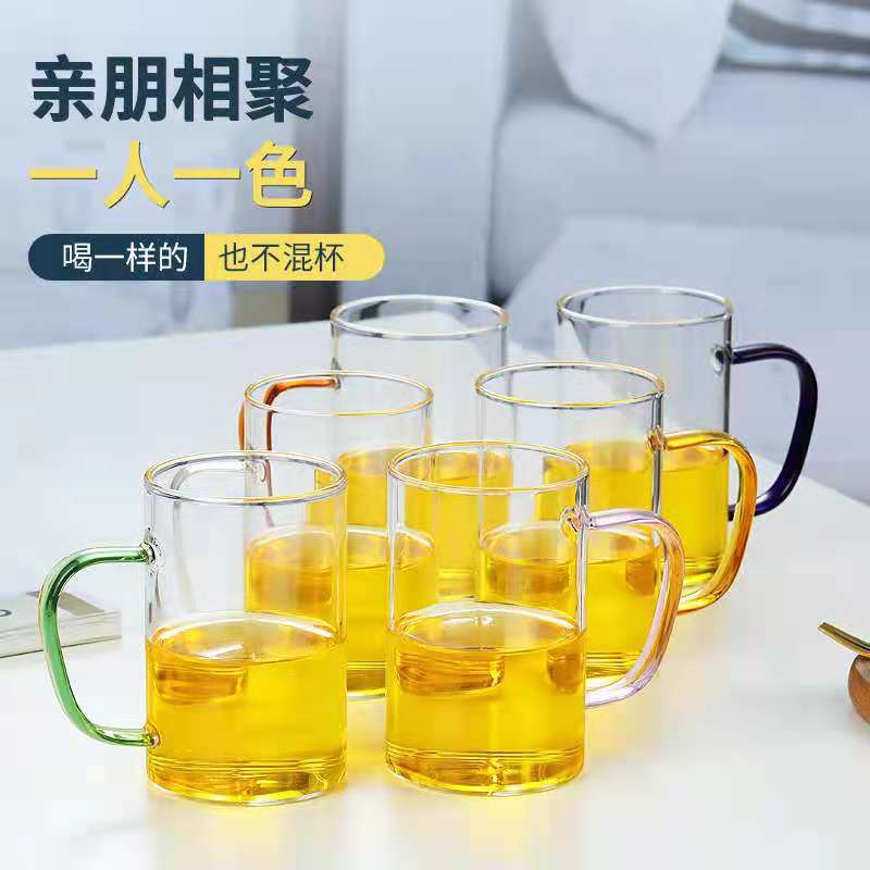 Thickened glass cups with handles, household green tea cups, cold water cups, milk cups, breakfast cups, coffee cups, household water cups in various colors full figure