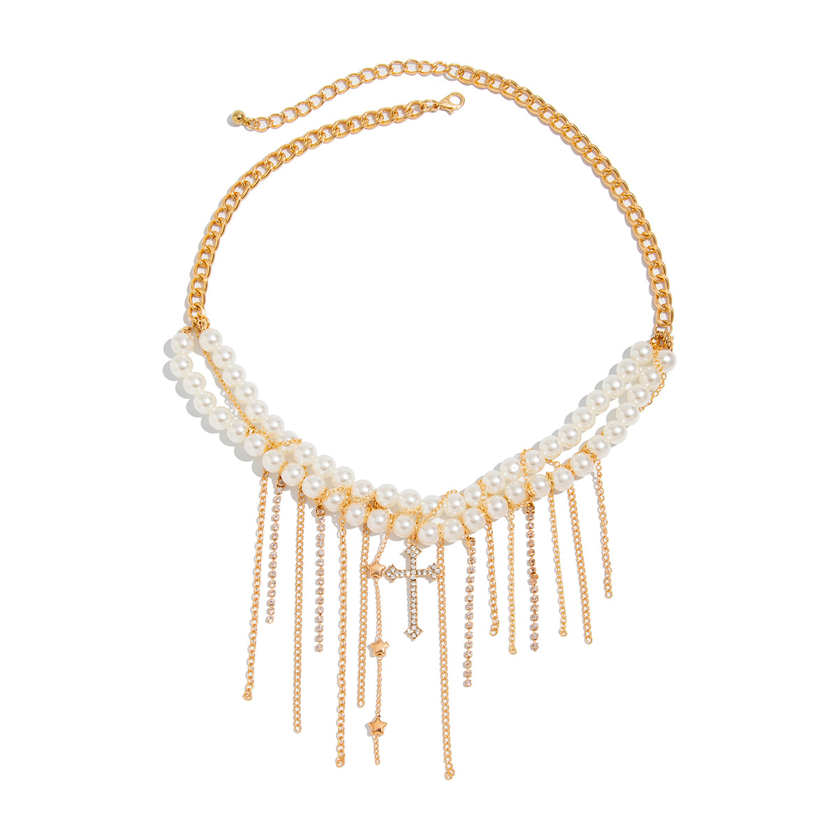 European and American cross-border jewelry design sense metal cross pendant necklace, light luxury layered pearl tassel collarbone chain Item Picture